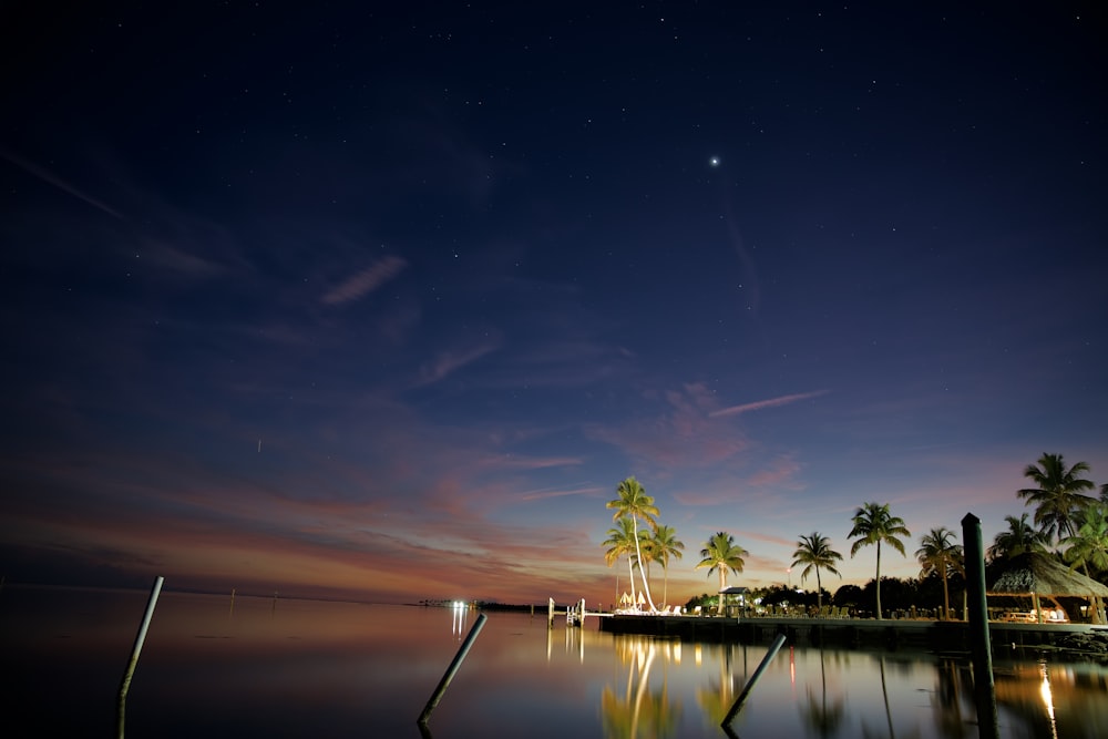 capanna tiki accanto allo specchio d'acqua durante la notte