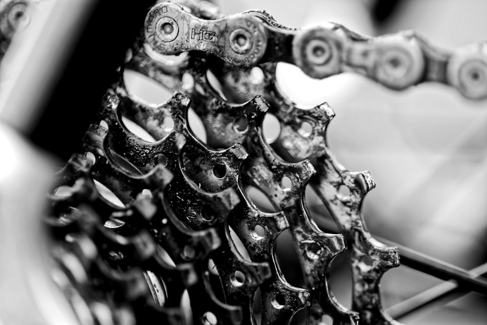 grayscale photo of bicycle derailleur