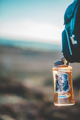 A reusable plastic water bottle with a bear sticker is attached to a dark-colored backpack. The background is blurred, suggesting an outdoor environment possibly with a sky and landscape.