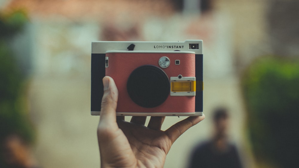 person holding pink and black point-and-shoot camera