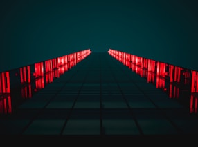 black pathway between red LED light rails