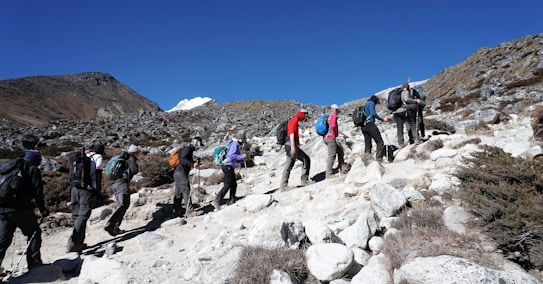 A group of people wearing hiking gear is trekking uphill on a rocky terrain with sparse vegetation. The sky is clear and blue, and mountains can be seen in the background. Each person carries a backpack and uses walking poles.