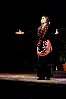 Zaza Gagua performing on stage in a dramatic opera costume under spotlight.