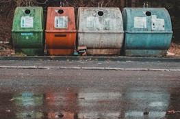 Four recycling bins in different colors, green, orange, and two shades of blue, are placed along a paved street. The bins are situated in front of a wooded area with fallen leaves around. The ground is wet, creating reflections of the bins in a shallow puddle.