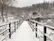 A snow-covered walkway with clear paths after a recent plow, framed by winter trees.