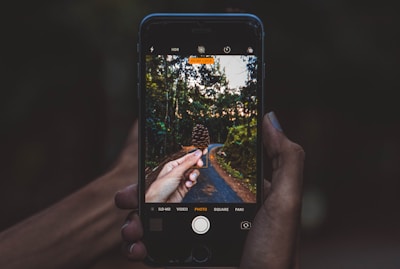 A hand holding a smartphone, capturing a photograph of a forest path. The smartphone's screen displays a close-up of a pinecone in the hand, set against the backdrop of tall trees and a winding path. The actual scene outside the phone and the image on the phone screen are aligned, creating a focus on nature and photography.