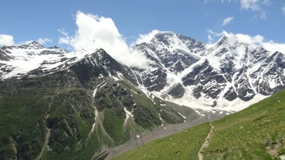 A serene view of the snow-capped peaks surrounding a group trekking in Manali, with clear blue skies above.