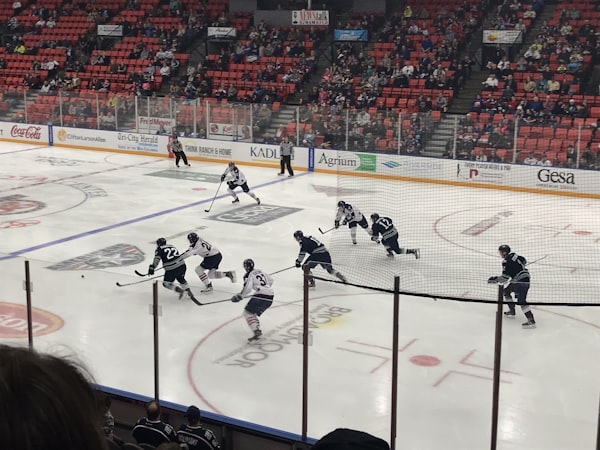Hockey players on the ice during a game inside a bright arena with fans in the stands