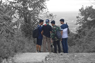Four young men are standing together on a path surrounded by dense trees and vegetation. They appear to be looking at something in the distance. One of them is wearing a camouflage jacket, and two of them have backpacks. The surrounding environment seems to be a hilly or mountainous area.