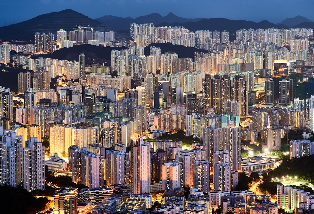 aerial photo of lighted high-rise building