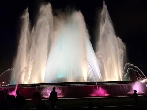 Wide shot of an outdoor water show with synchronized lights and moving water jets