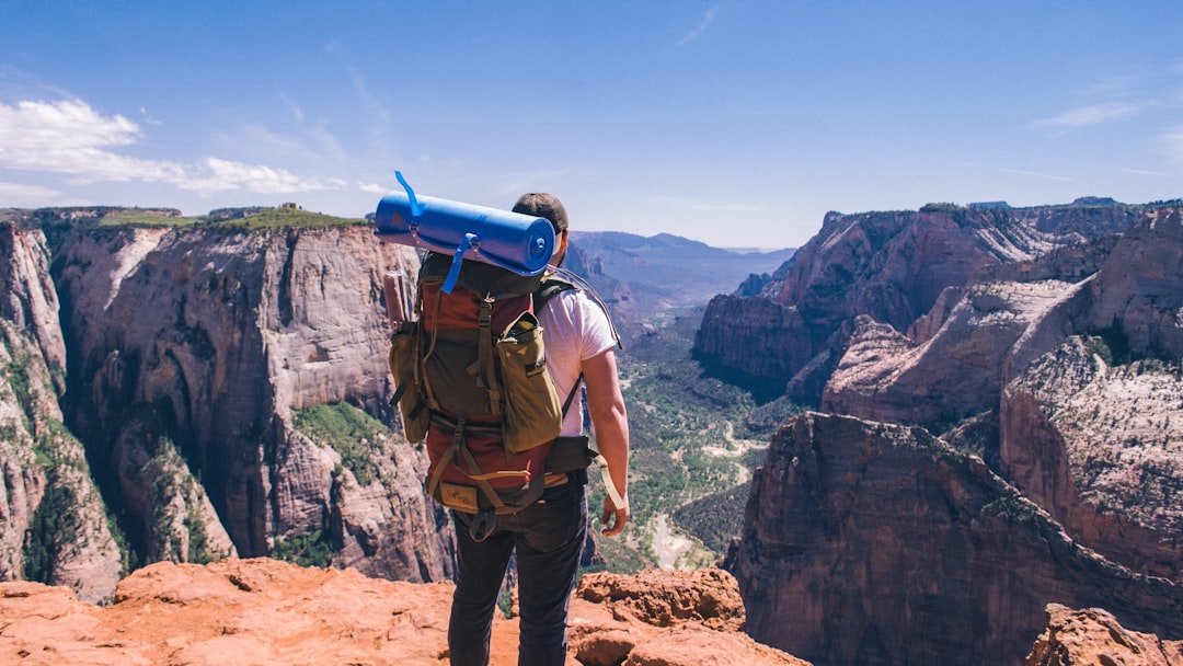 man standing on top of mountain facing mountain view, Backpacker Overlooking Zion Canyon