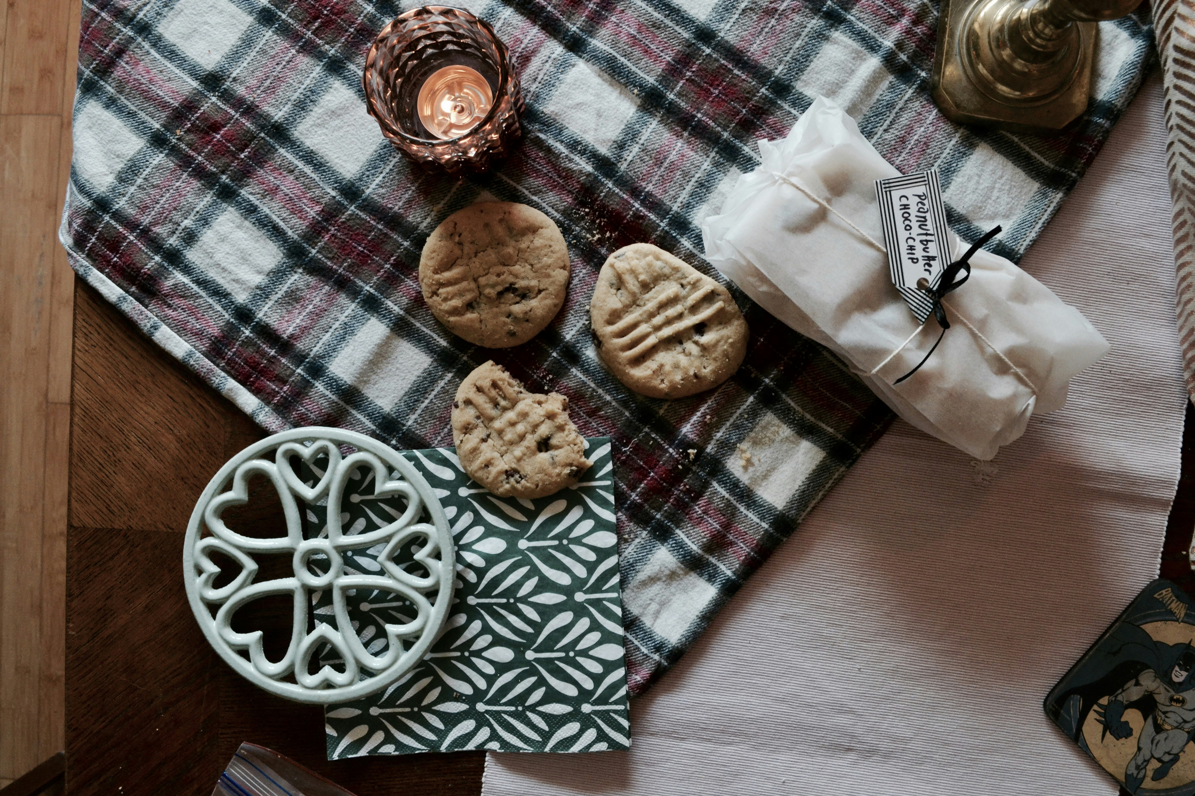 I snapped this after gift wrapping a batch of chocolate chip peanut butter cookies for a friend’s dinner party (with strangers I don’t know). I am a sucker for sugary treats and candle light and hope you enjoy a little look into what my perfect saturday looks like.