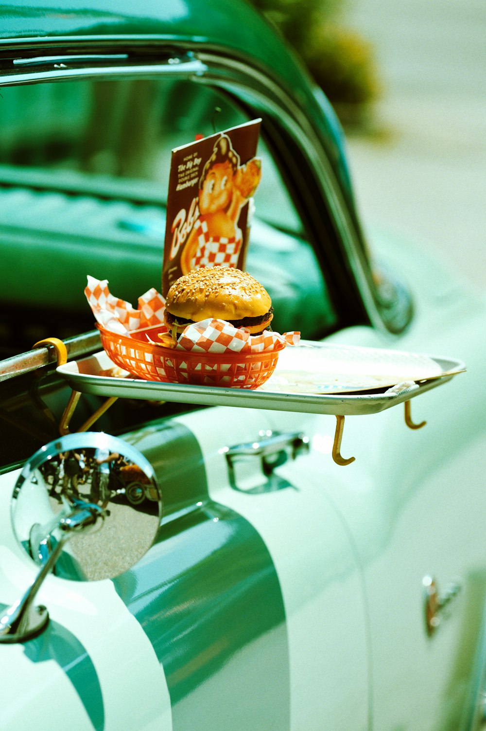 burger on orange basket