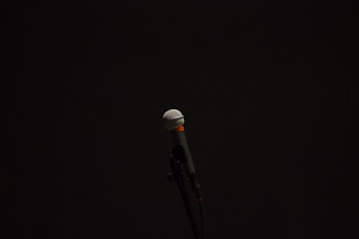 Black and white photo of a microphone stand with a coiled cable on a dimly lit stage