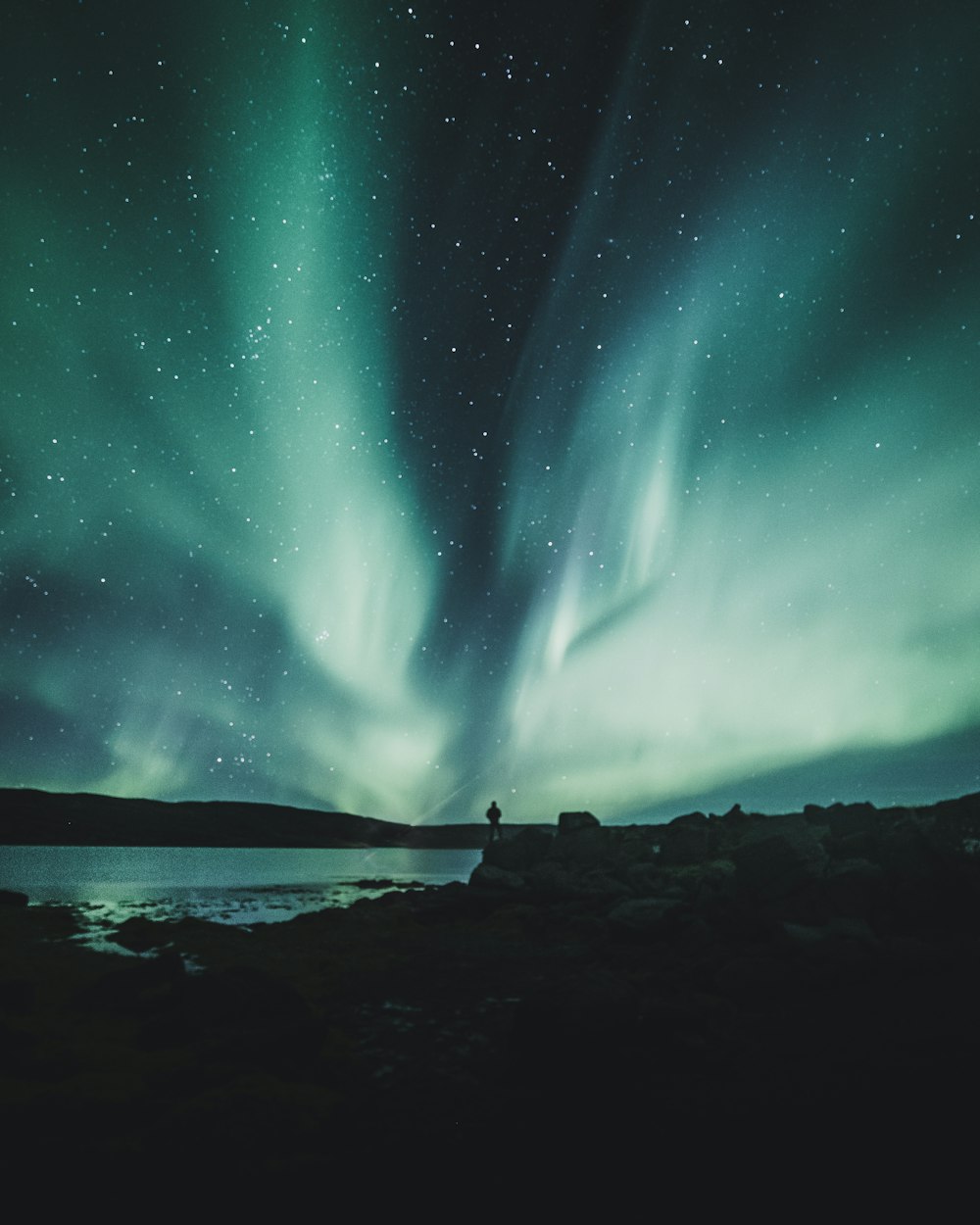 Persona in piedi vicino allo specchio d'acqua durante il cielo settentrionale dell'aurora