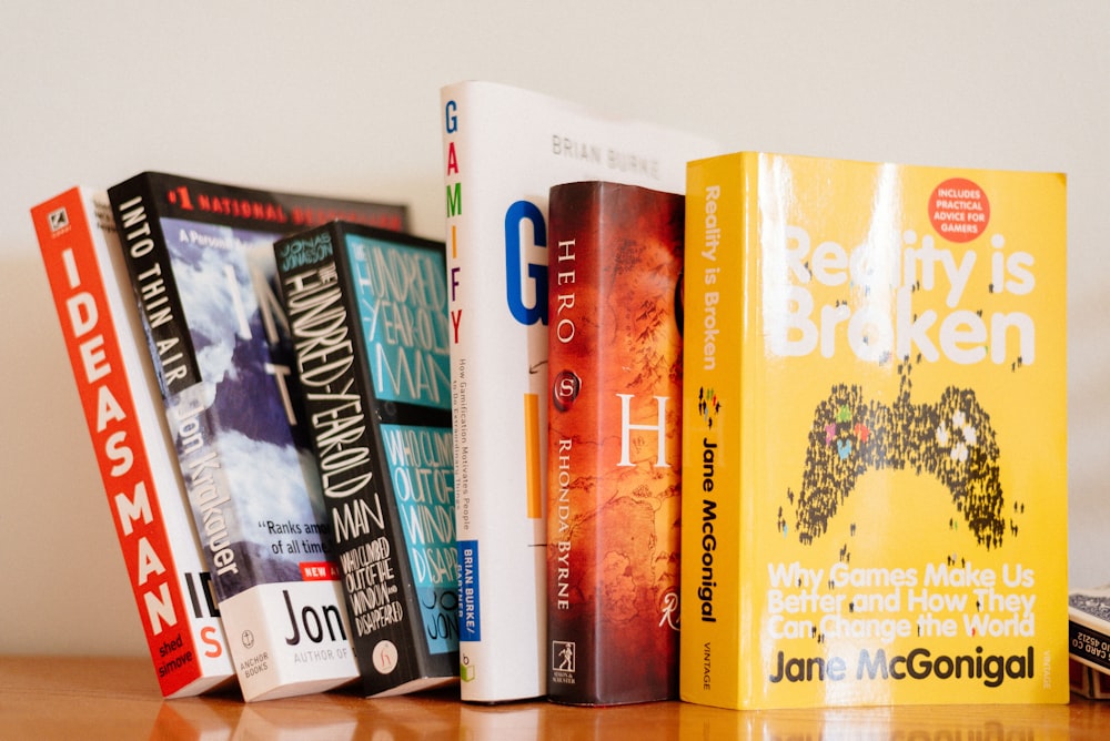 closeup photo of six novel books