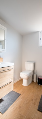 white ceramic toilet bowl near vanity combo