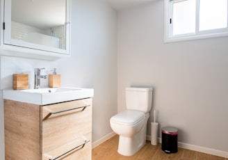 white ceramic toilet bowl near vanity combo