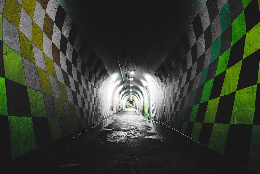 green, black, and white checkered painted tunnel