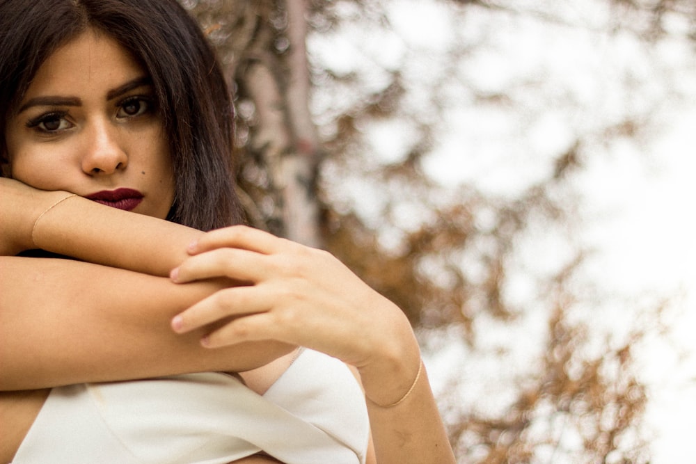 woman wearing white top