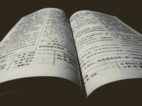 A close-up view of an open book with text written in Chinese characters. The book is laid on a flat surface with pages slightly curved. The lighting creates a shadow along the spine, emphasizing the texture of the pages and the boldness of the text.