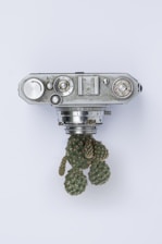 A vintage camera is creatively integrated with a cluster of cactus plants, blending mechanical and natural elements in an unexpected composition. The camera appears weathered and metallic, contrasting with the soft, green textures of the cactus.