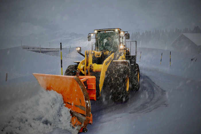 Yellow and orange snow plow on a snowy road