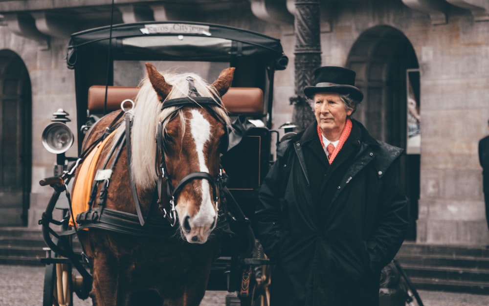 person standing beside a brown carriage