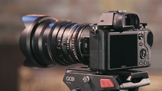 black DSLR camera on black tripod