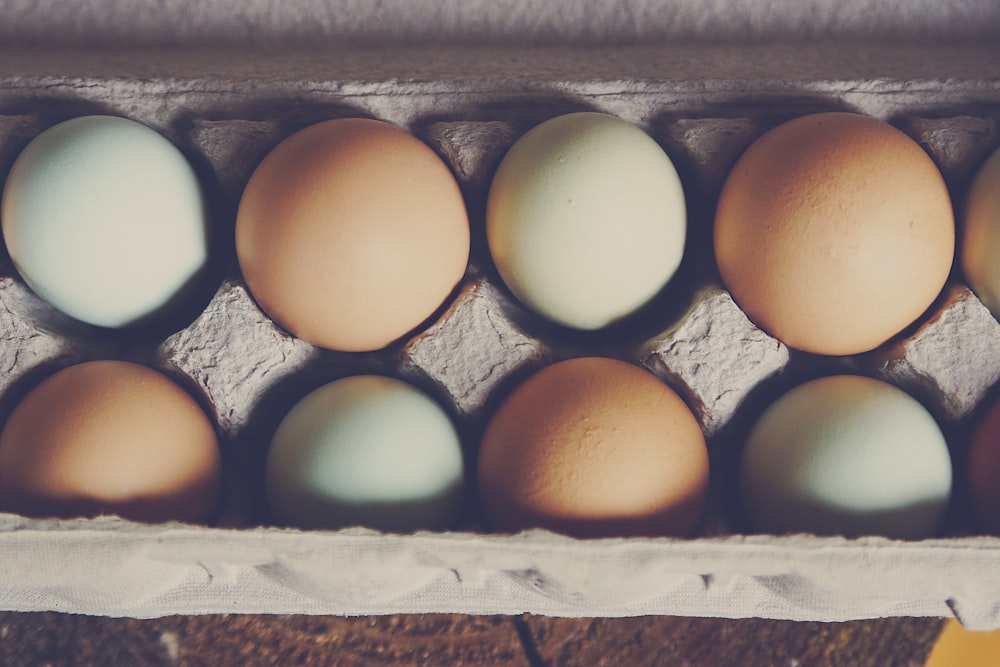 white and brown egg on gray tray