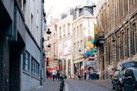 A lively street scene in Plovdiv’s old town with colorful murals and cobblestone alleys.