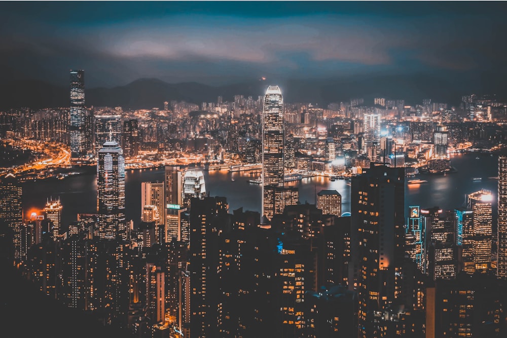 top view photo of buildings during night time