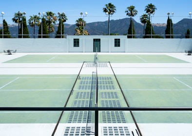 A lively tennis court with players enjoying a sunny afternoon match surrounded by palm trees.