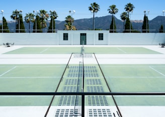 There is a tennis court with pale green surfaces and white boundary lines in a sunny outdoor environment. Palm trees and a white building are visible in the background against a backdrop of mountains under a clear blue sky. The scene is symmetrical with empty seating areas on either side.