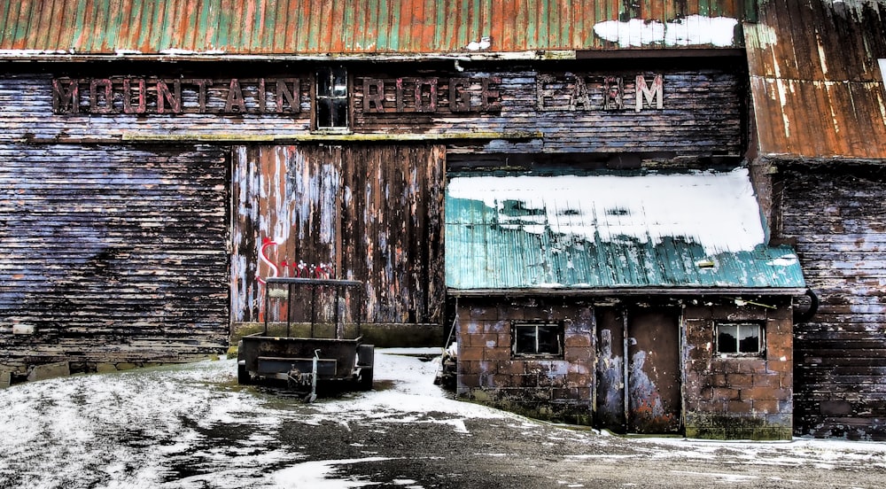 mountain ridge farm signage mounted on grey wall