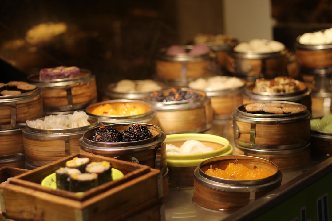 table of round food containers, dumplings