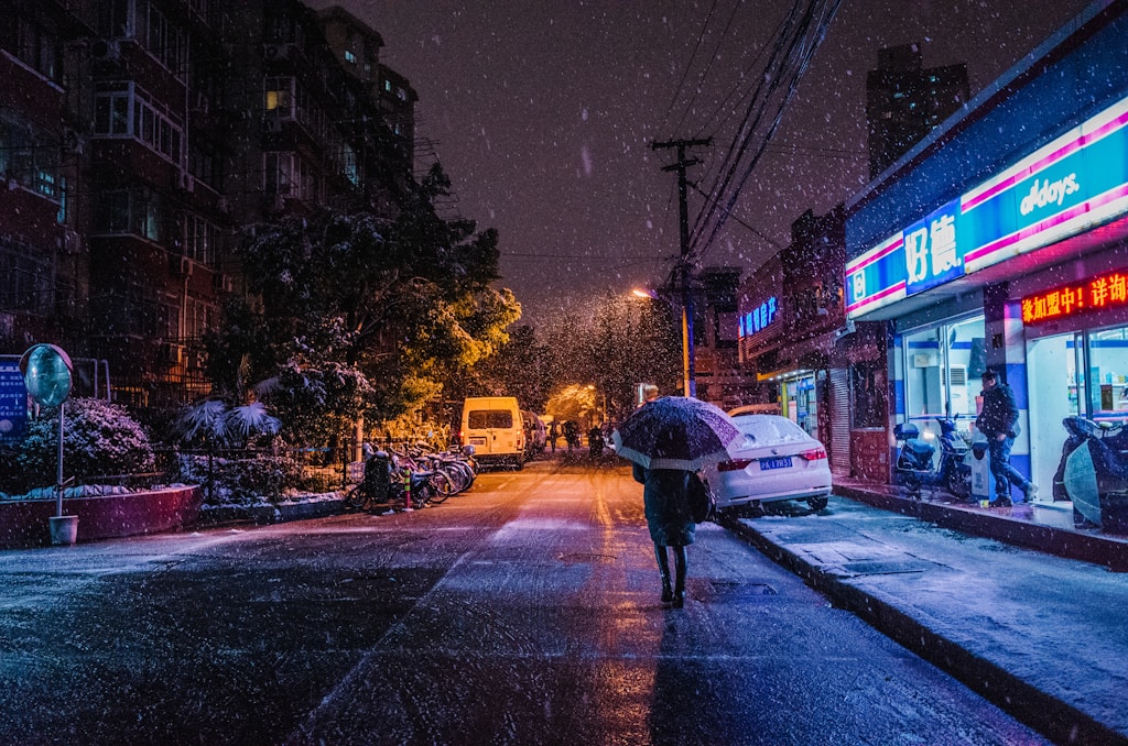 A night city covered in snowflakes. Photo by Kido Dong