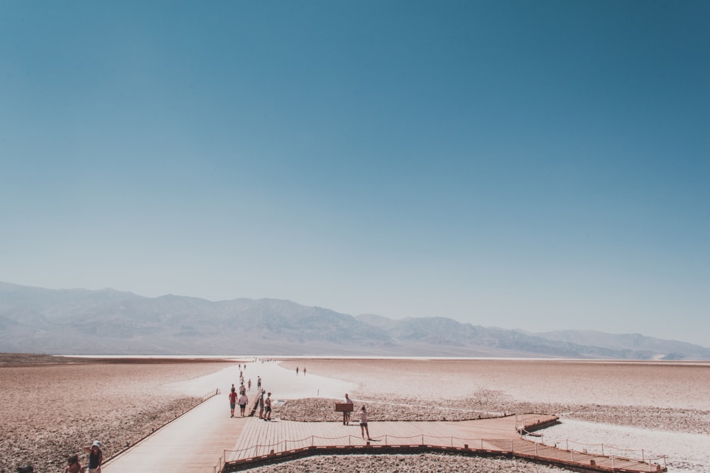 people walking on path towards mountains