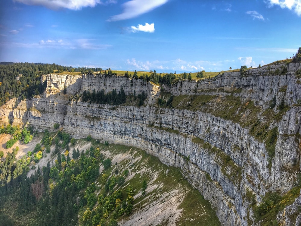 rock face beside a tree covered hill under blue skies at daytime