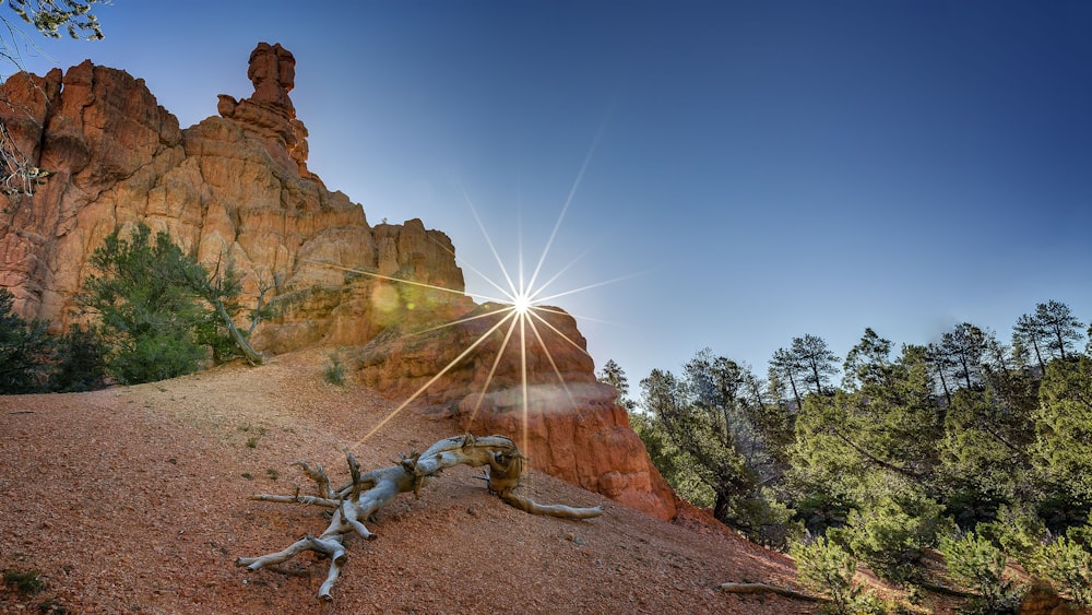 the sun shines brightly over a rocky landscape