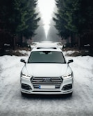 white Audi A8 on the road surrounded of trees