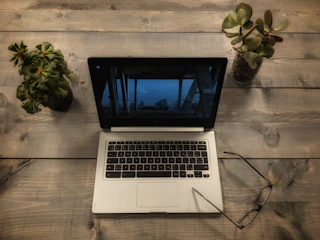 Close-up of hands holding a refurbished laptop outdoors, surrounded by green plants.
