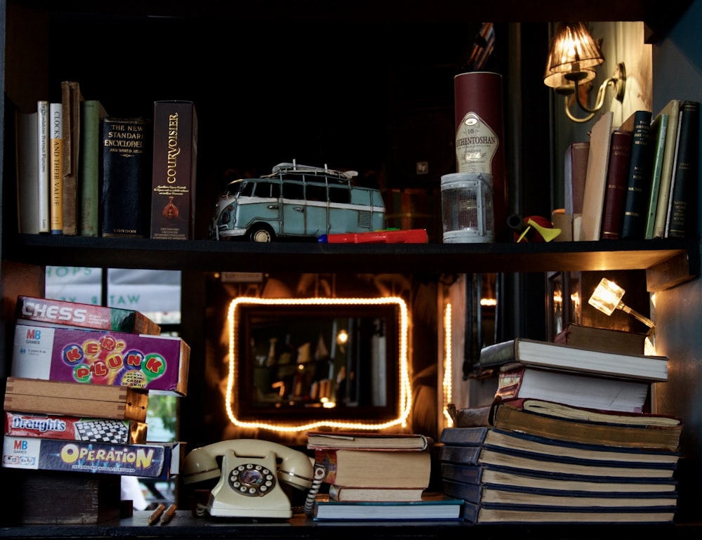 blue van on brown wooden shelf