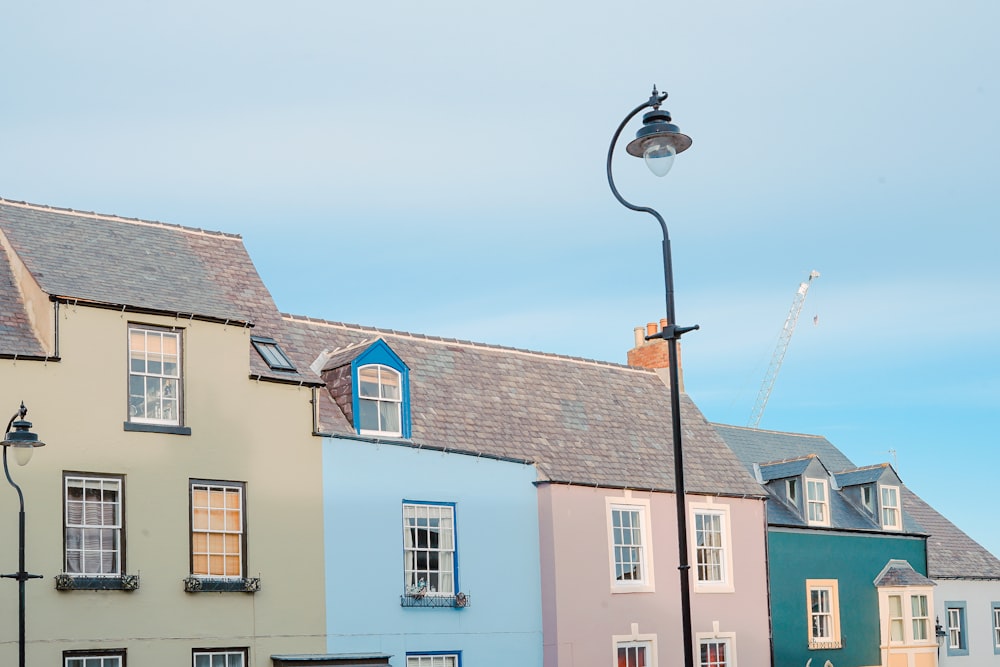 concrete houses near street light