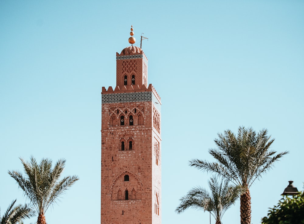 brown and gray bricked wall tower beside palm trees