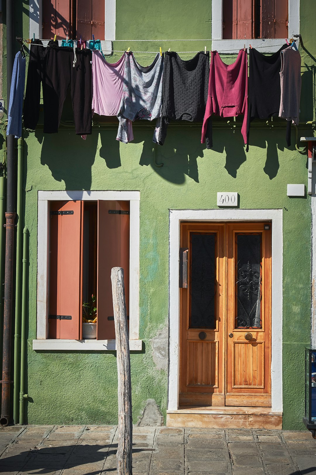 assorted-color clothes hanging on green house