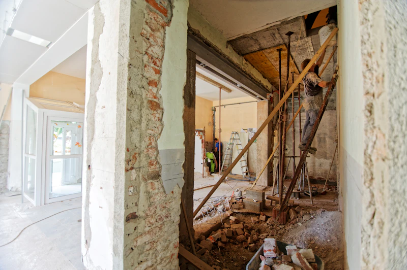 Bathroom stripped down to the studs during a gut renovation
