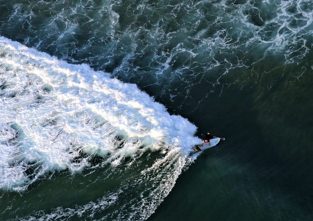 Vista superior Fotografía de hombre al lado de la tabla de surf
