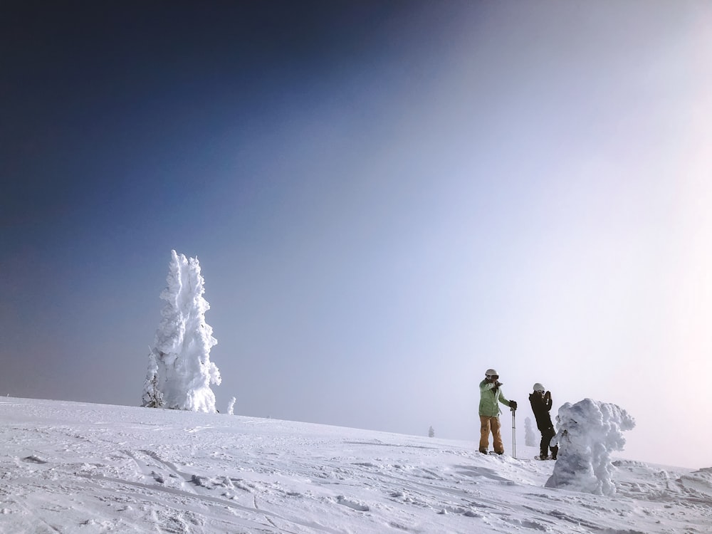 雪に覆われた山に立つ二人